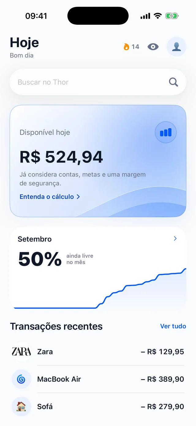 Thor Today screen: R$ 524,94 available today