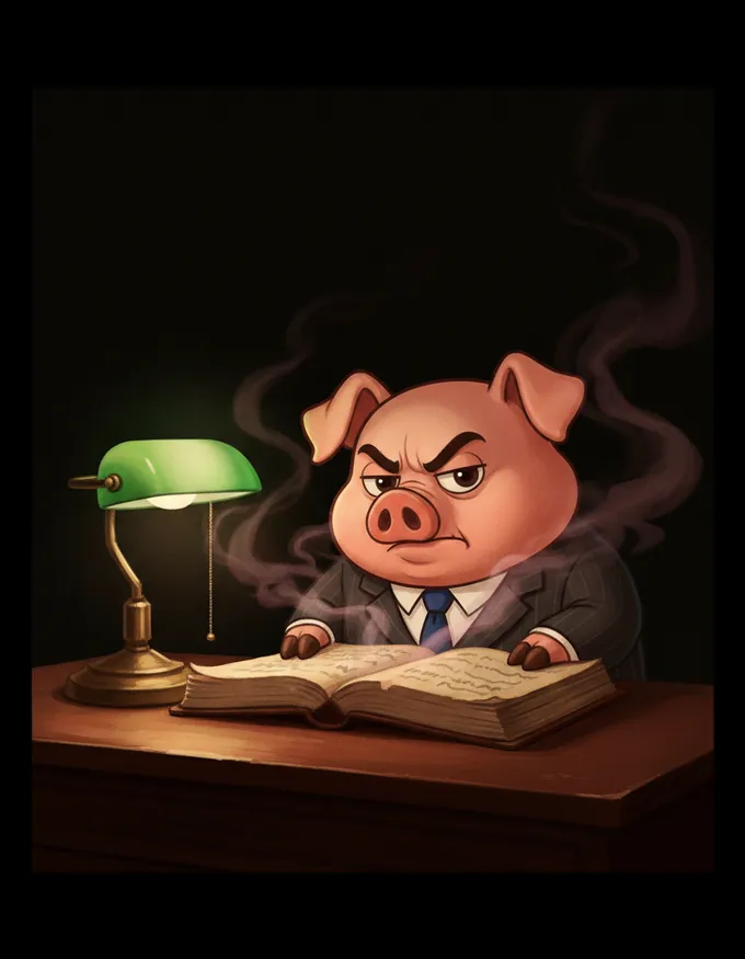 Don Chonk leaning over the open ledger, the number gone red